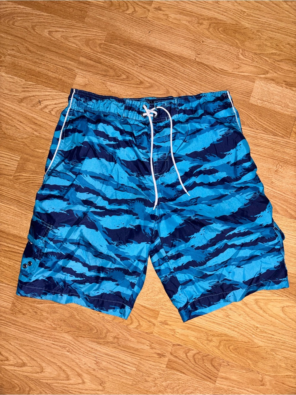 Men's Blue Patterned Swim Trunks with Drawstring